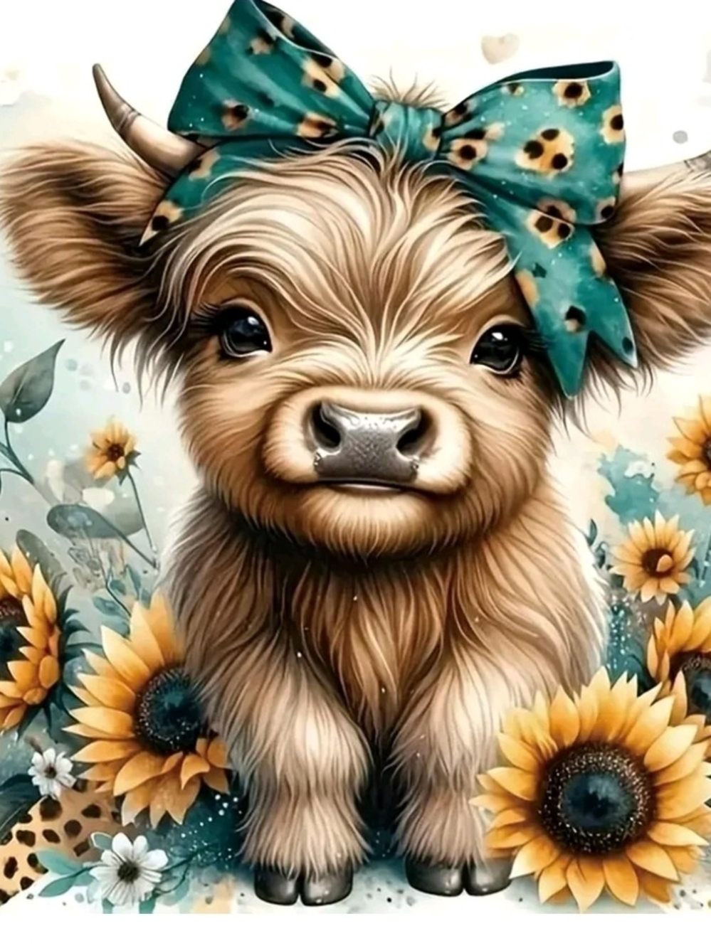 Teal Bow Highland Calf Art Print - Home Art